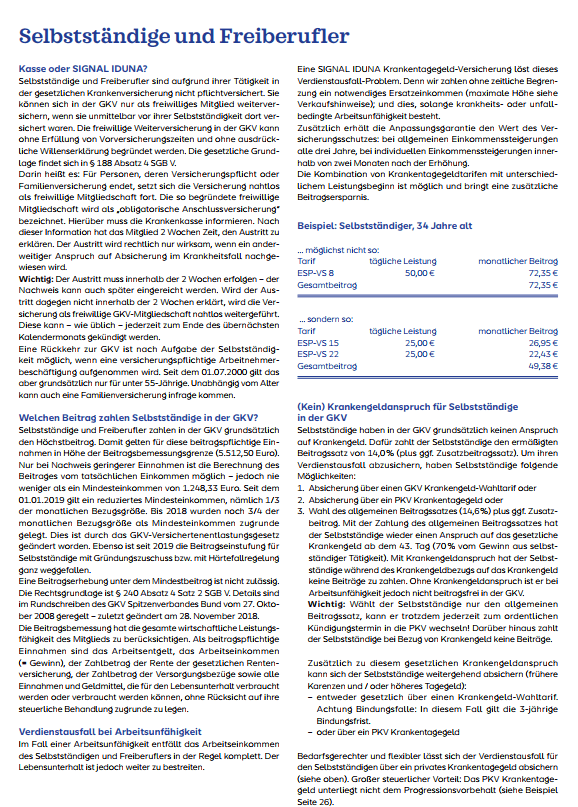 Informative Broschüre über SIGNAL IDUNA Krankenversicherungen für Selbstständige und Freiberufler, die Details zu Versicherungsmöglichkeiten, Preisgestaltungen und Altersvorsorge bietet.